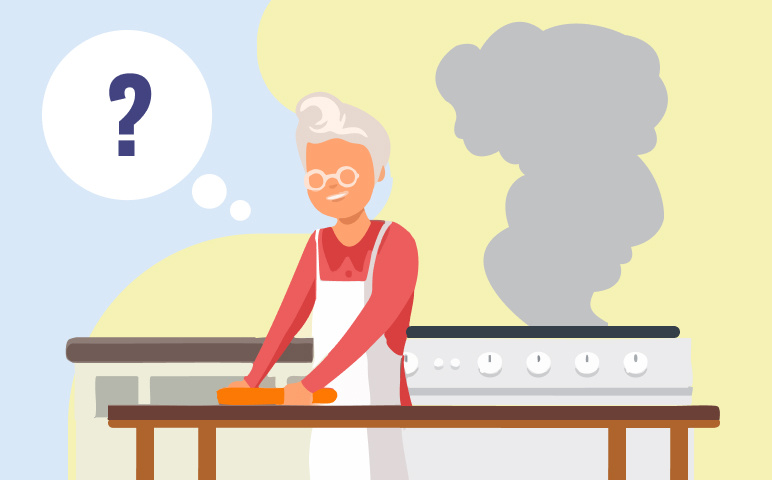 Dibujo de un hombre mayor distraído intentando cocinar mientras sale humo de la vitrocerámica.