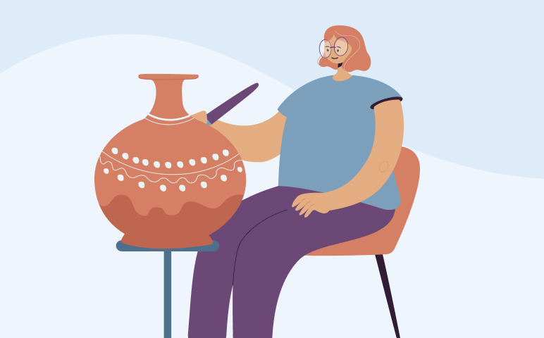 Dibujo de una mujer sentada que está pintando un jarrón.