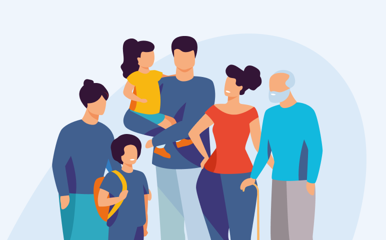 Dibujo de una familia compuesta por 6 miembros: abuelos, padres y dos niños pequeños.