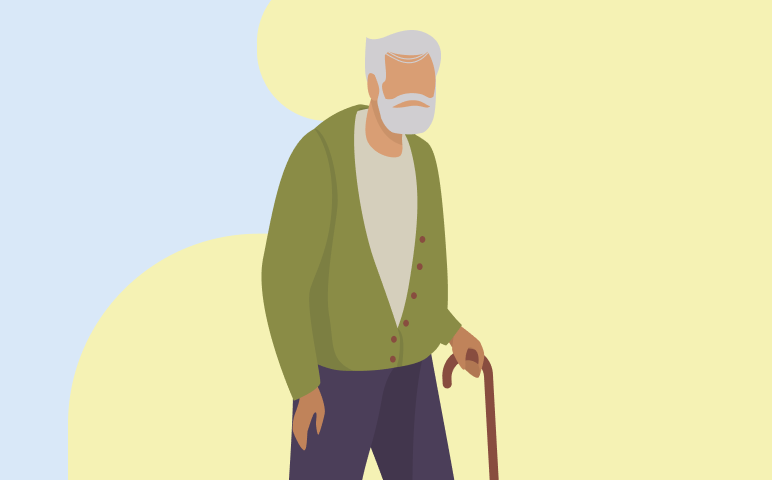 Dibujo de un hombre mayor andando con un bastón.
