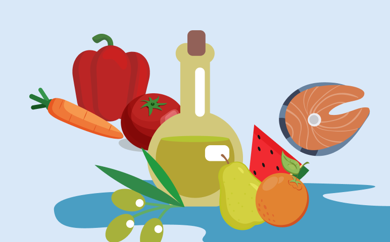 Dibujo de un bodegón con una botella de aceite, pera, naranja, sandía, aceitunas, zanahoria, pimiento, tomate y una rodaja de salmón.