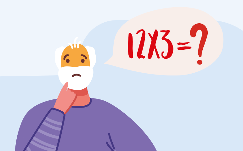 Dibujo de un hombre mayor intentando recordar cuál es el resultado de multiplicar 12 por 3.