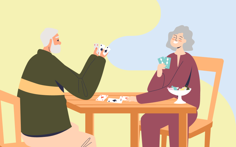 Dibujo de una pareja de ancianos sentados a una mesa jugando a las cartas.
